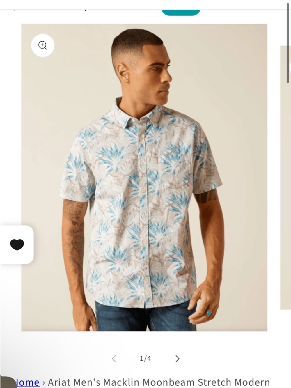 Ariat Men's Macklin Moonbeam Stretch Modern Fit Short Sleeve Shirt Size Large